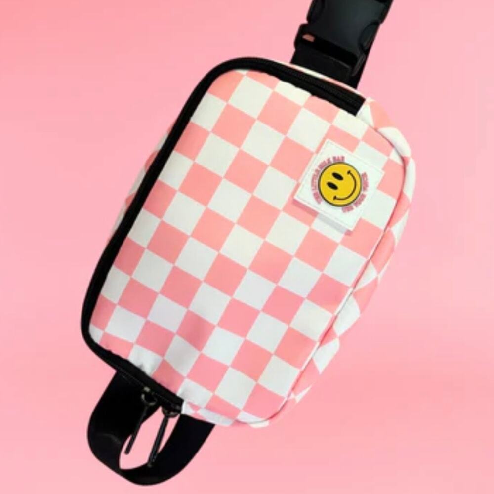 The Little Milk Bar Pink Checkered Smiley Face Fanny Pack Belt Bag New